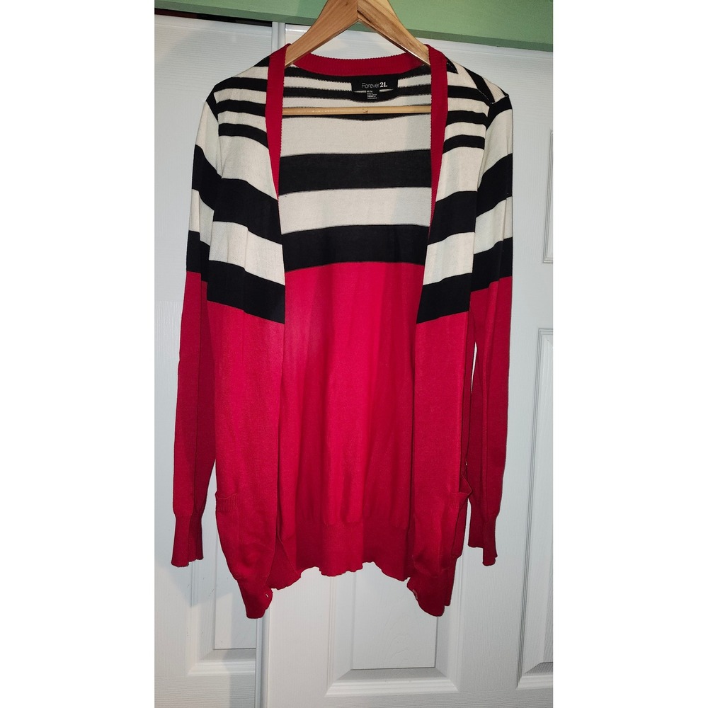 Forever 21 Womens Red Black White Striped Colorblock Button Front Cardigan M